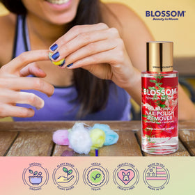 Blossom remover in use wiping polish, illustrating effective acetone-free performance