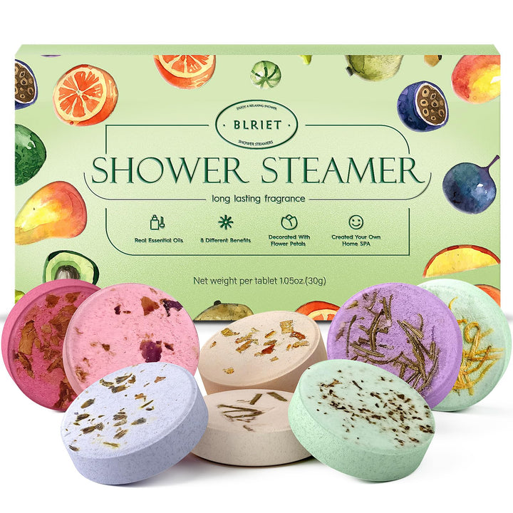 BLRIET front packaging showing eight shower steamers and gift-ready box for convenience