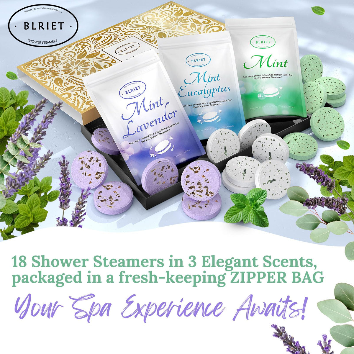 BLRIET scent variety with lavender mint and eucalyptus highlighting fragrance options
