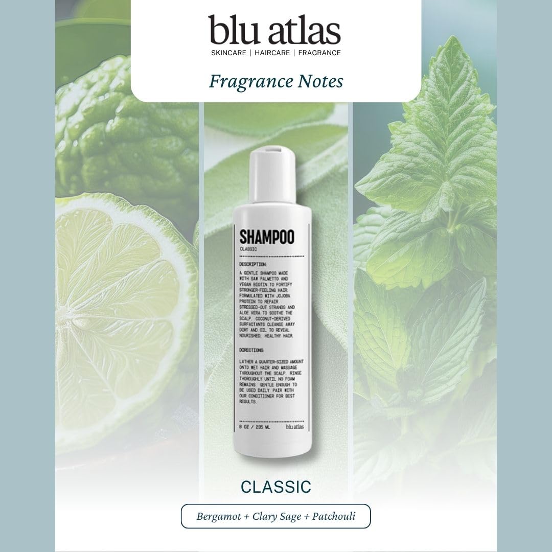 Blu Atlas in-shower use on wet hair demonstrating hydrating daily-wash benefit