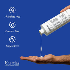 Blu Atlas ingredients display with jojoba and aloe highlighting natural-nourish benefit