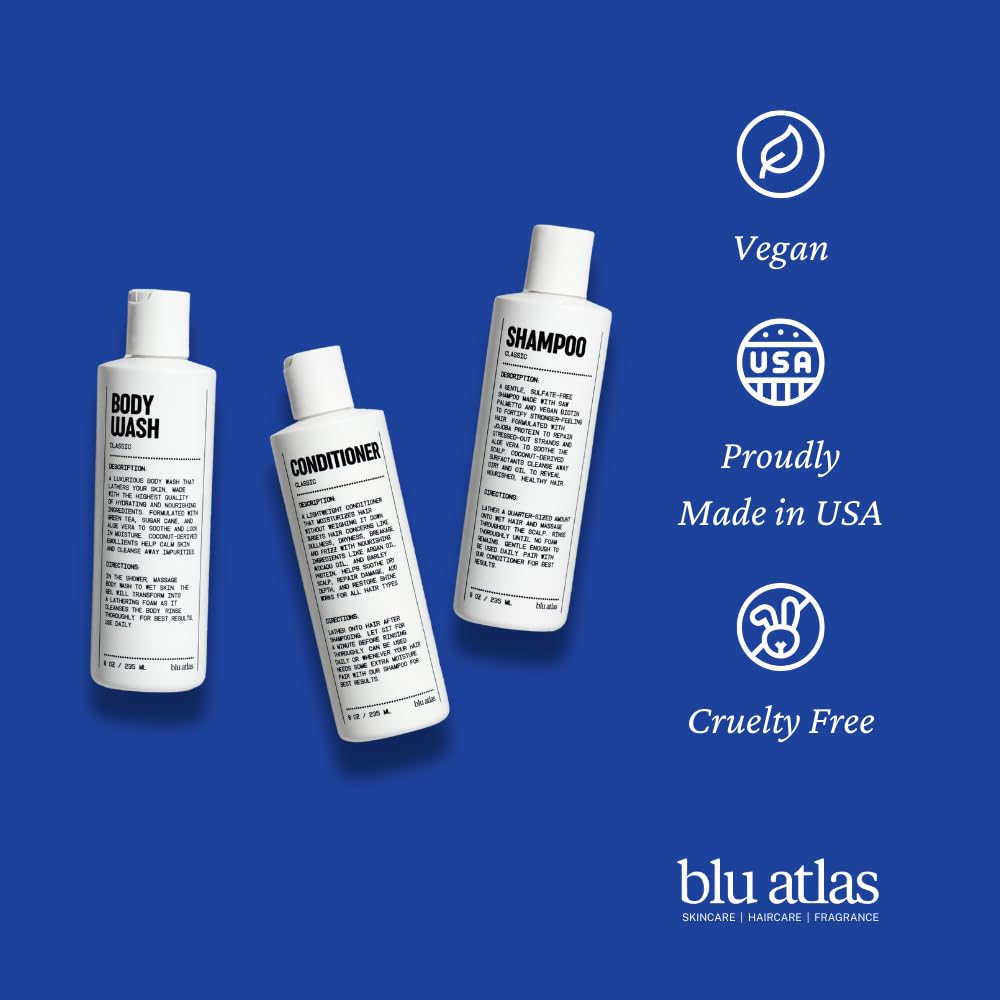 Blu Atlas label close-up showing sulfate-free and paraben-free claims benefit