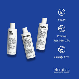 Blu Atlas label close-up showing sulfate-free and paraben-free claims benefit