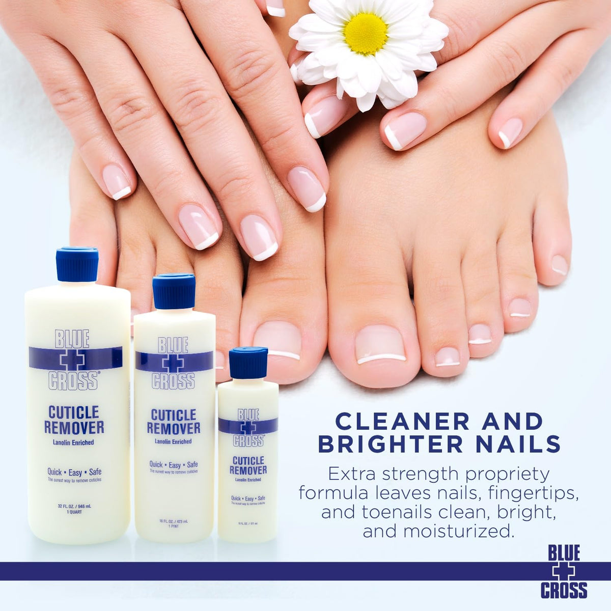 Blue Cross product applied at nail base demonstrating fast softening benefit