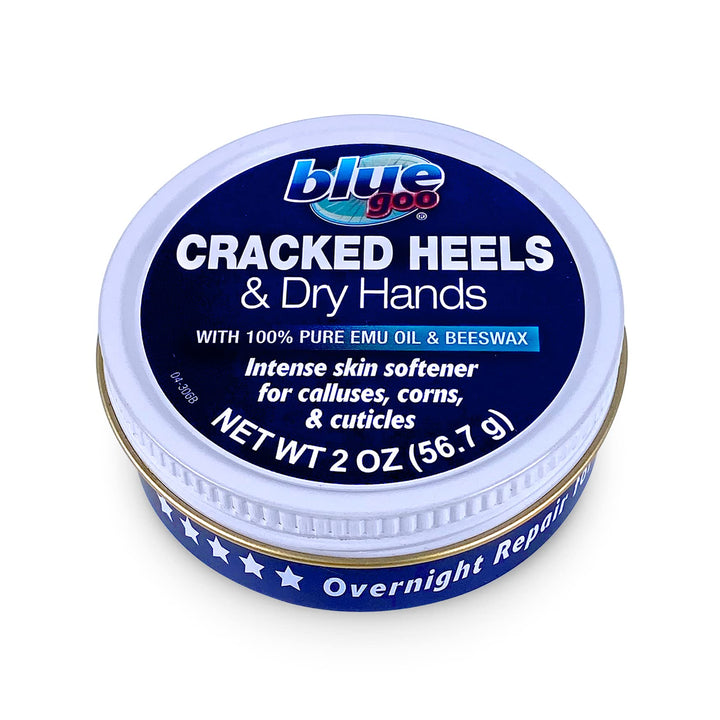 Blue Goo front jar showing label and 2 oz size for portable foot care