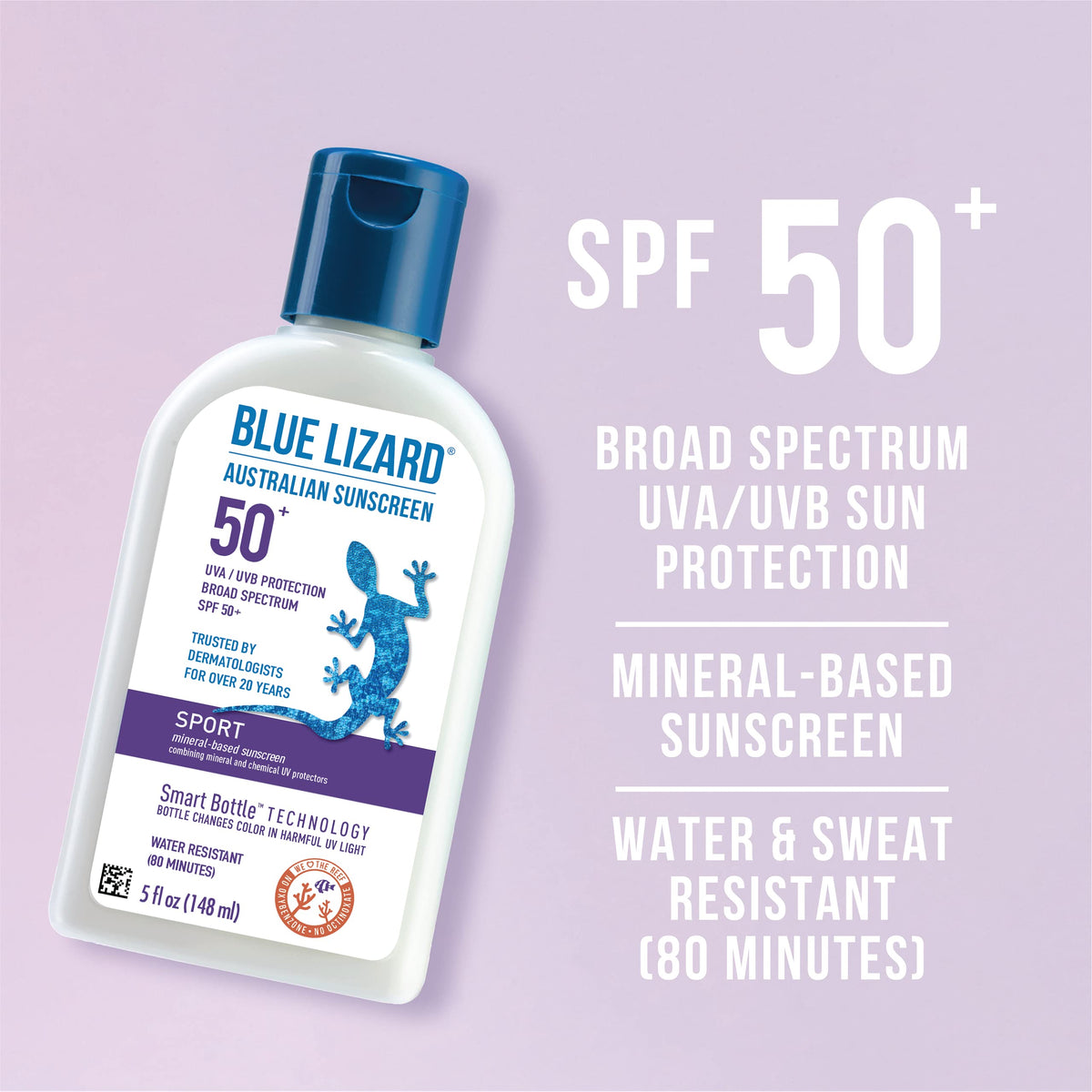 BLUE LIZARD 5 oz tube held beside a water bottle to show travel-friendly size benefit