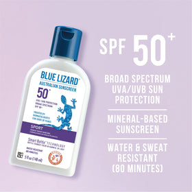 BLUE LIZARD 5 oz tube held beside a water bottle to show travel-friendly size benefit