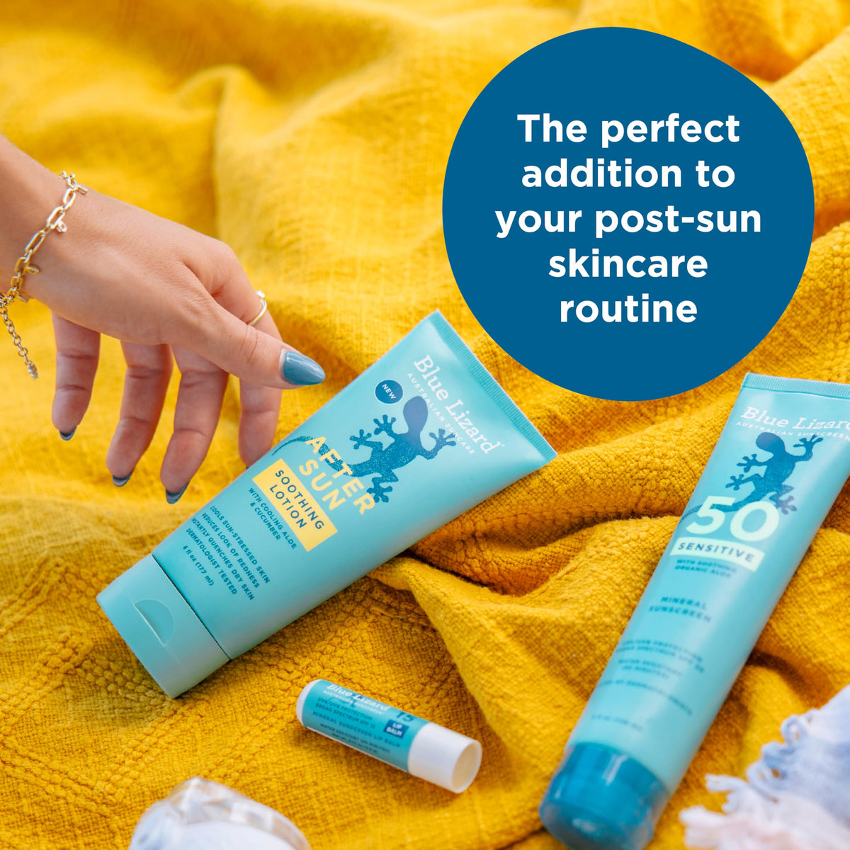 Blue Lizard dermatologist-tested badge emphasizing gentle, sensitive-friendly