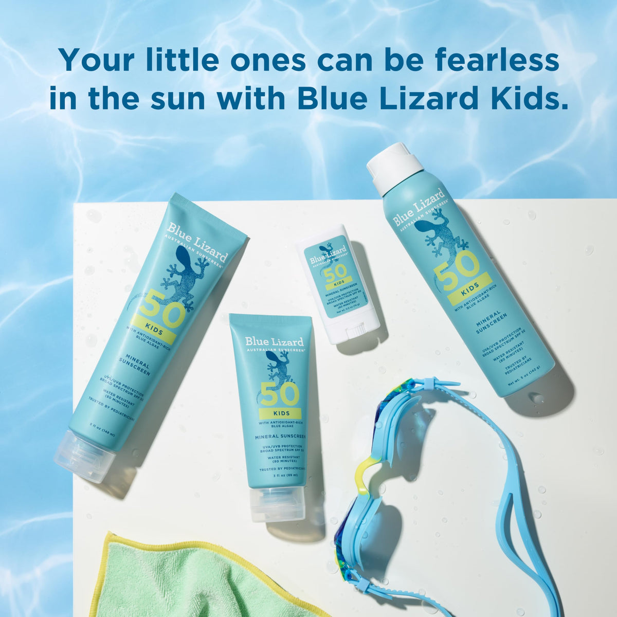 Blue Lizard at poolside showing water-resistant protection up to 80 minutes