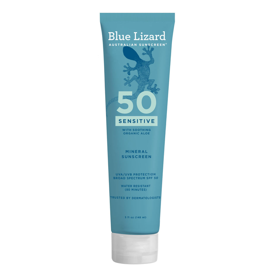 Blue Lizard front packaging showing SPF 50 and mineral protection benefit