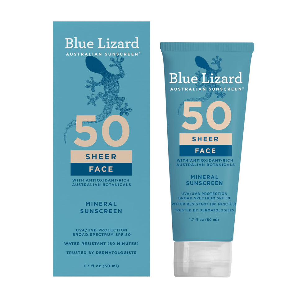 Blue Lizard front tube showing SPF 50 and compact size for portable protection