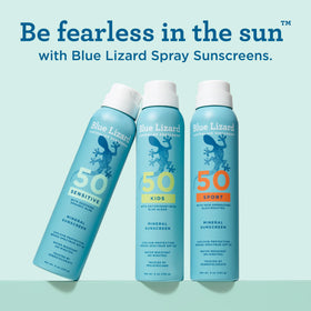 Blue Lizard spray in a beach setting promoting outdoor sun protection