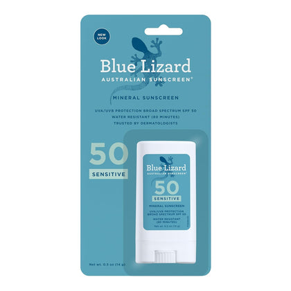 BLUE LIZARD front packaging showing SPF 50+ stick for travel-friendly protection
