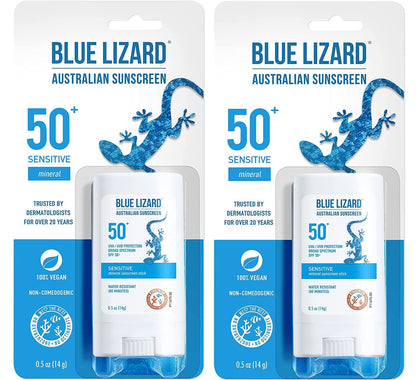 BLUE LIZARD front view of sunscreen stick showing compact design and benefit