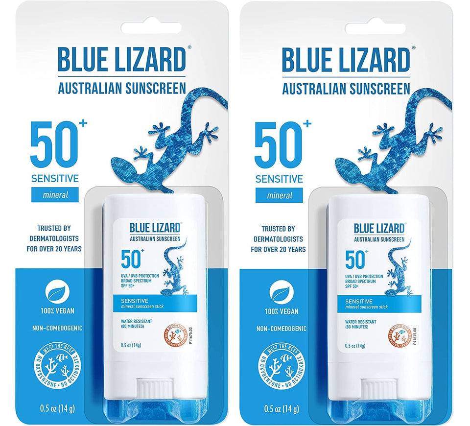 BLUE LIZARD front view of sunscreen stick showing compact design and benefit