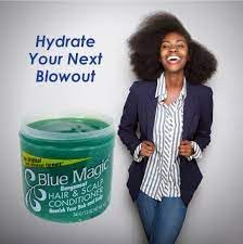 Blue Magic on bathroom shelf with towel showing brand and everyday grooming benefit