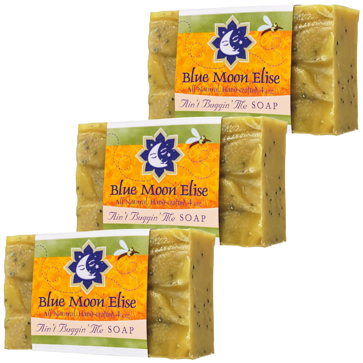 Blue Moon Elise front packaging showing three citronella soap bars and benefits
