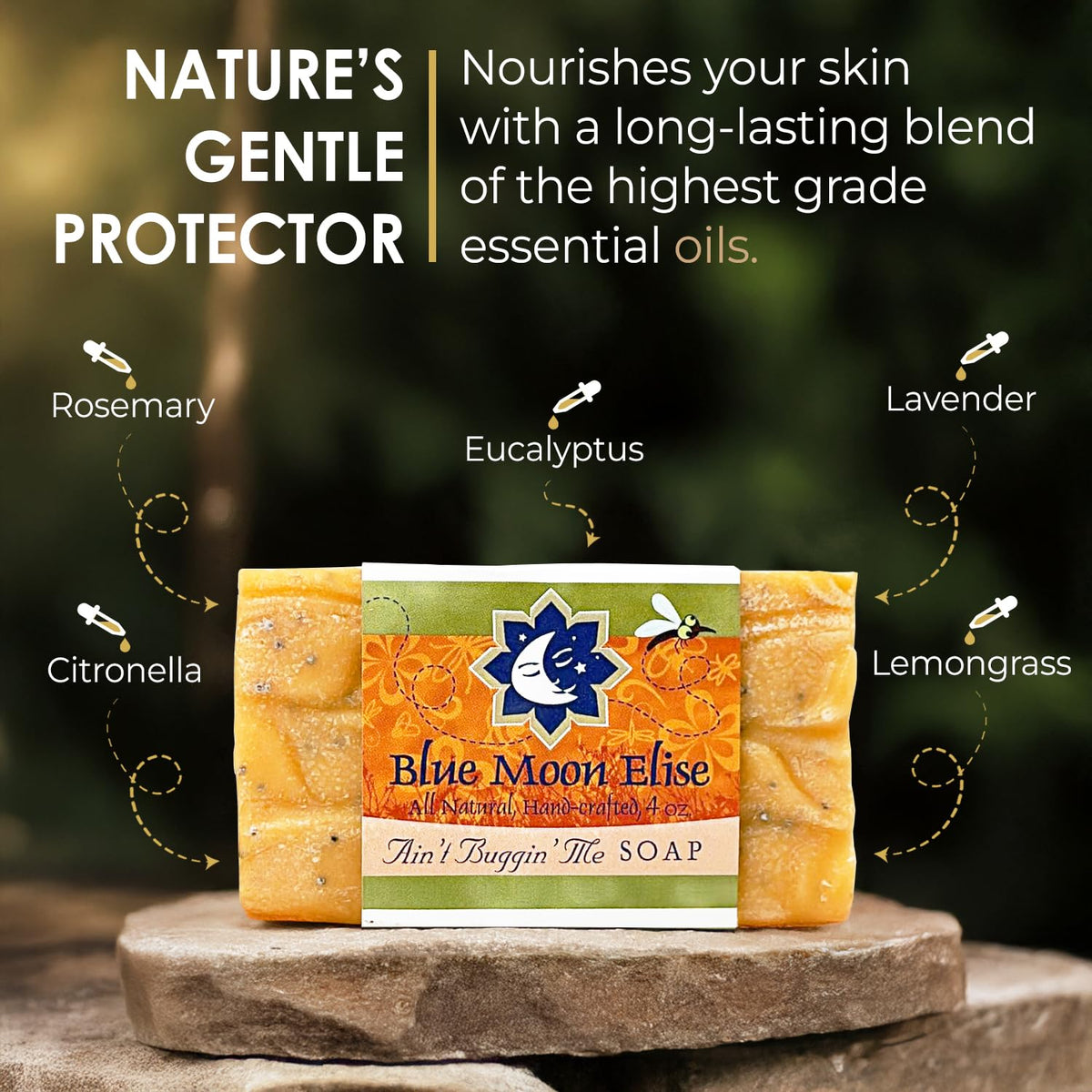 Blue Moon Elise close-up of soap texture and natural ingredients for gentle cleansing