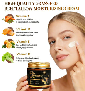 Blue Sea Sky raw honey and tallow ingredients showcasing natural soothing benefits