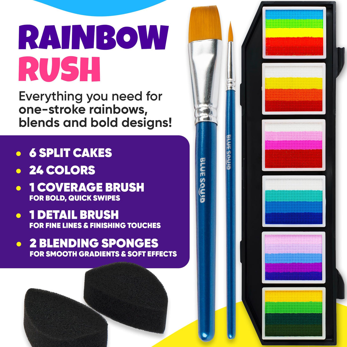 Blue Squid brushes and sponges next to palette for quick blending benefits