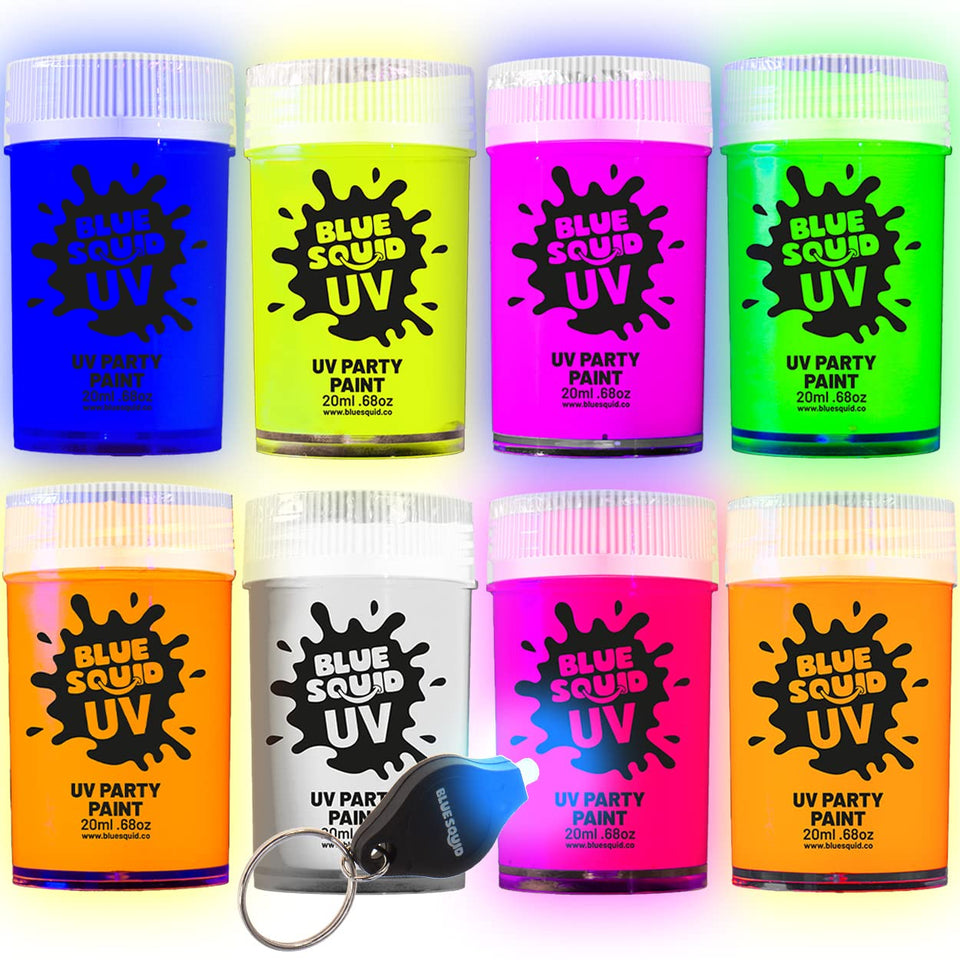 Blue Squid front packaging showing eight neon pots and included UV torch for easy party setup