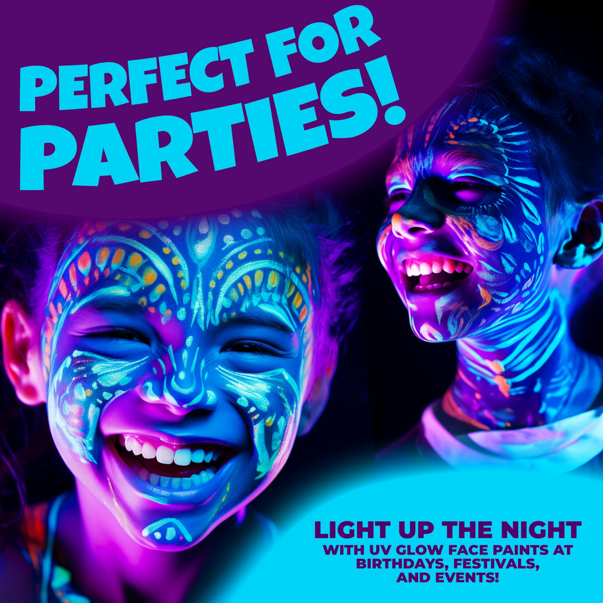 Blue Squid face painting in use at a party demonstrating bold neon glow under black light