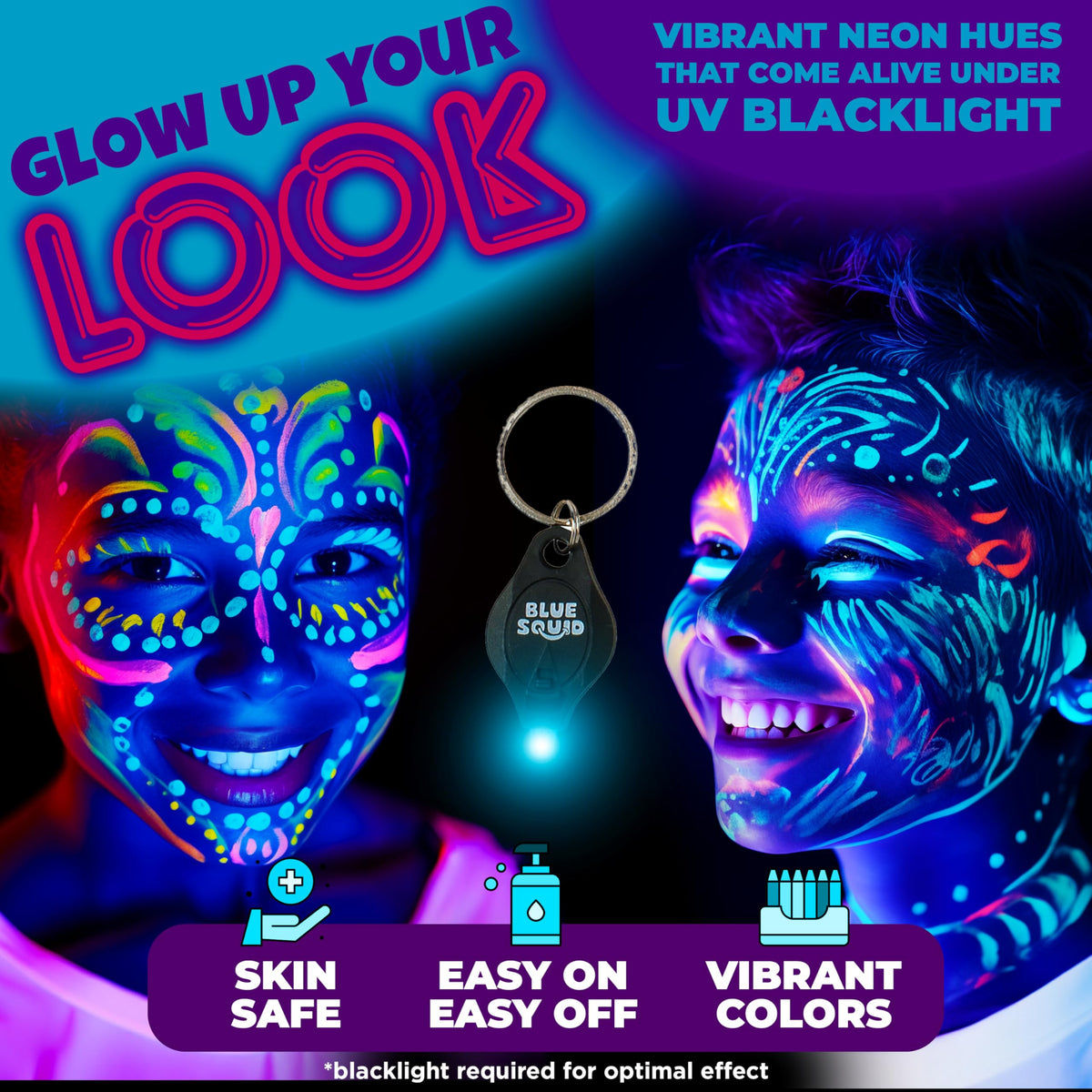 Blue Squid paint pots opened showing vibrant neon colors and generous 20ml sizes for coverage