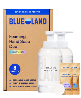 BLUELAND front view of two glass forever bottles showing sustainable benefit