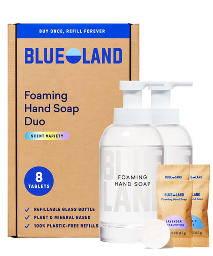 BLUELAND front view of two glass forever bottles showing sustainable benefit