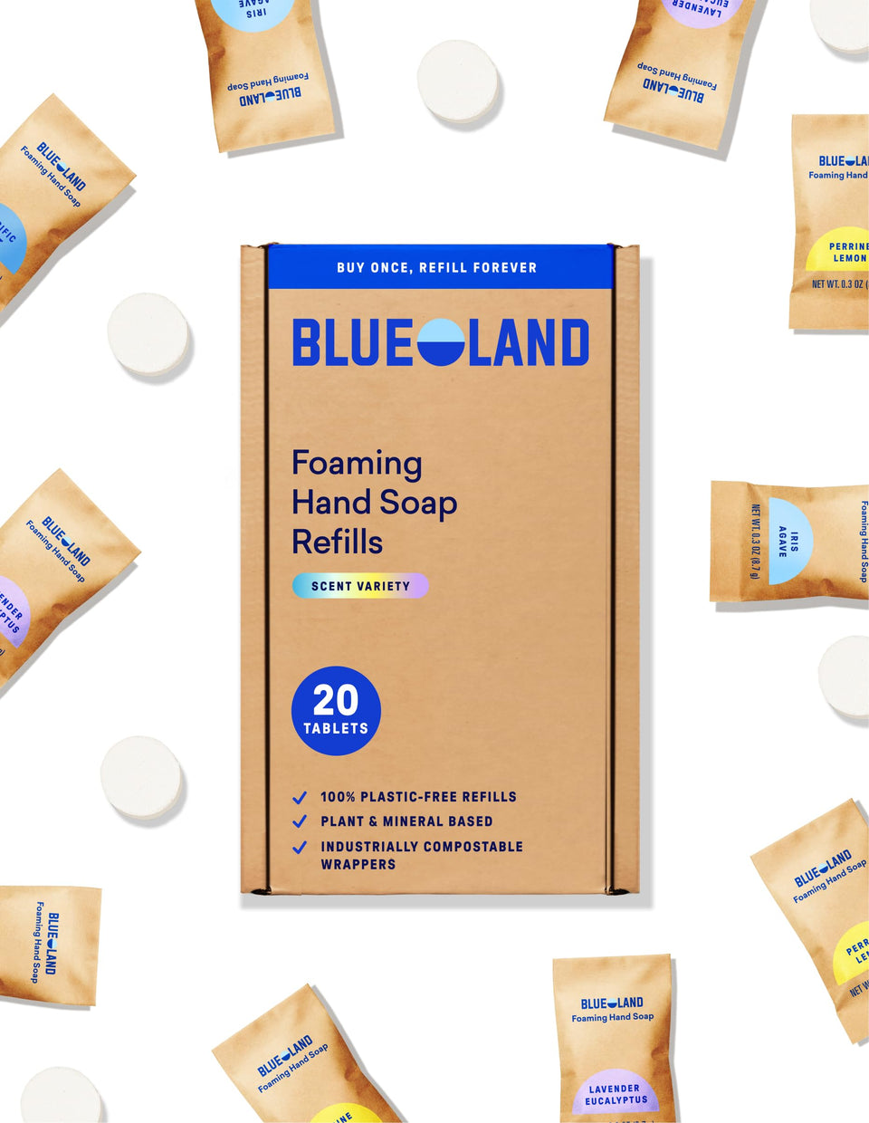 BLUELAND front packaging showing refill tablets and reusable bottle benefit