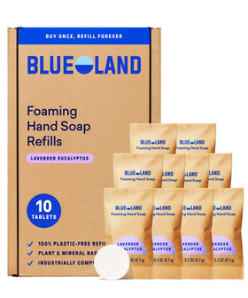 BLUELAND Forever Bottle front view showing refill tablet and eco benefit