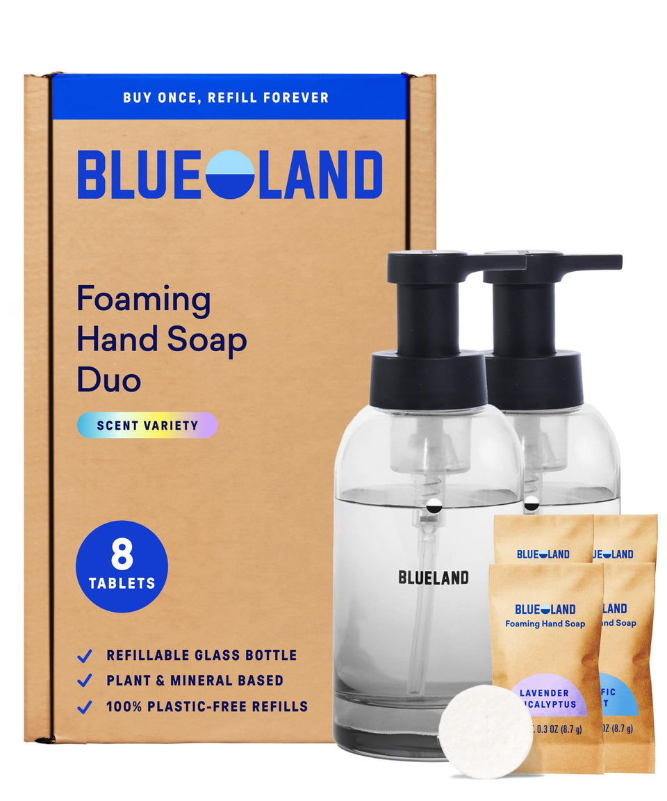 BLUELAND front view of two reusable glass bottles showing stylish design and sustainability benefits