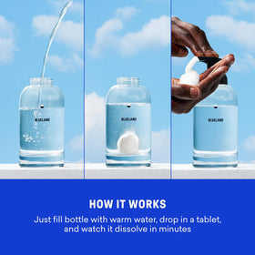BLUELAND close-up of soap tablets highlighting plastic-free refills benefit