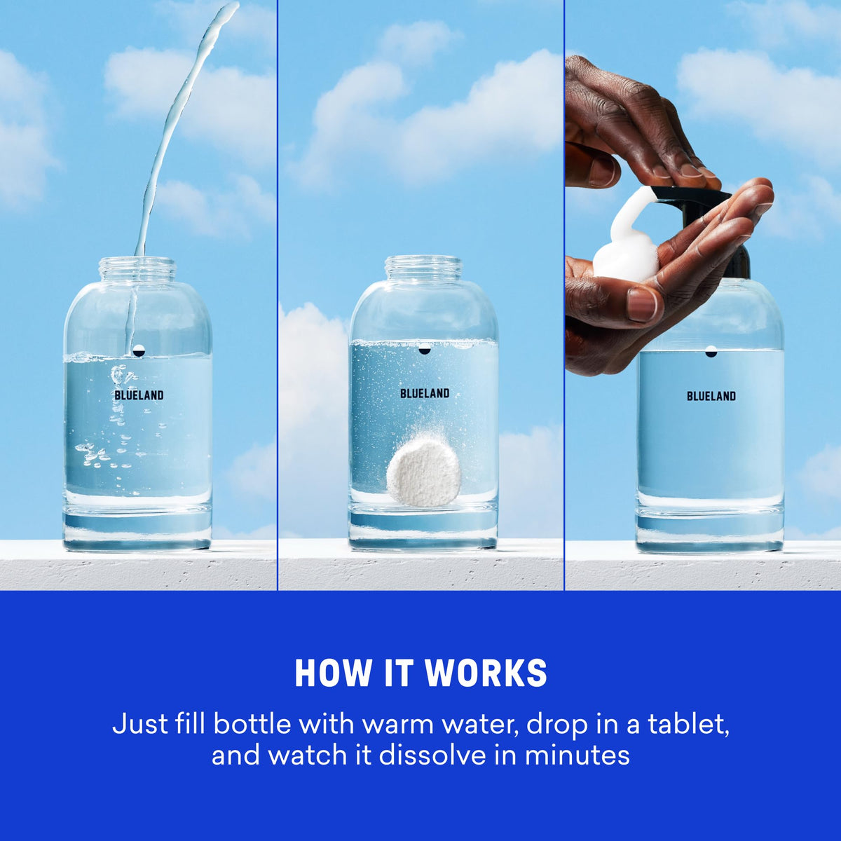 BLUELAND tablet dissolving in water close-up demonstrating easy refill convenience