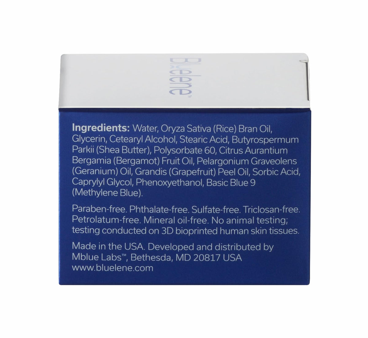 Bluelene label close-up showing methylene blue ingredient and clear information benefit