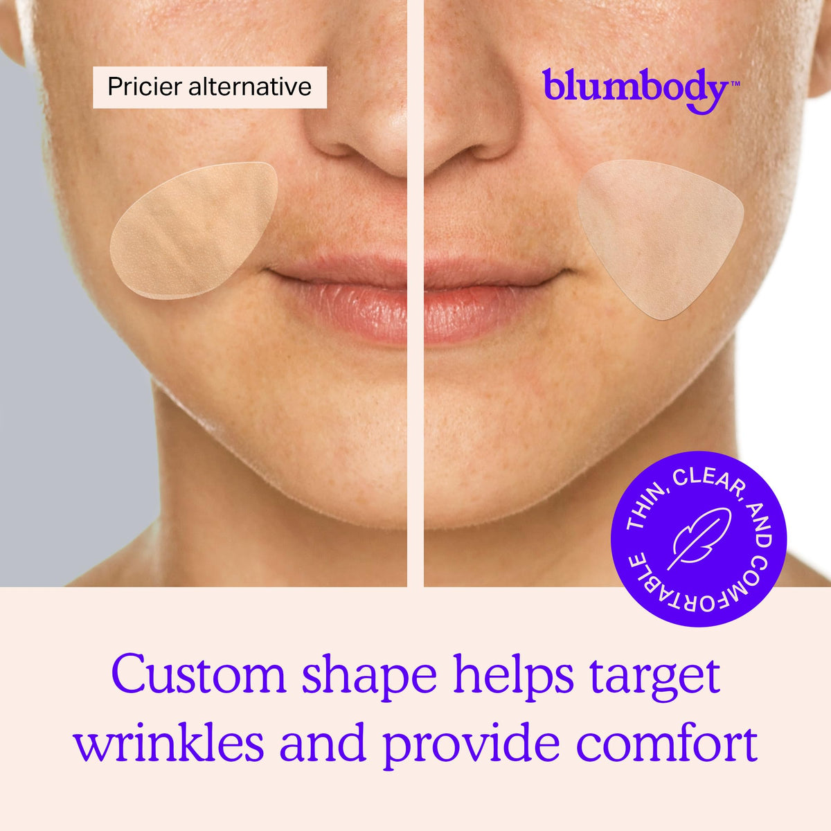 BLUMBODY patch applied at eye corner showing subtle smoothing benefit