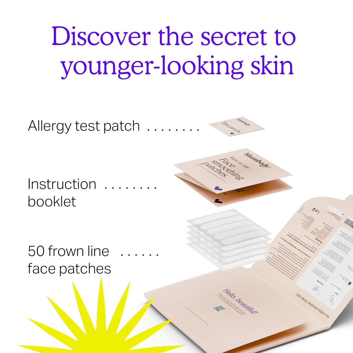 BLUMBODY flatlay of box and individual patch sachets for clarity