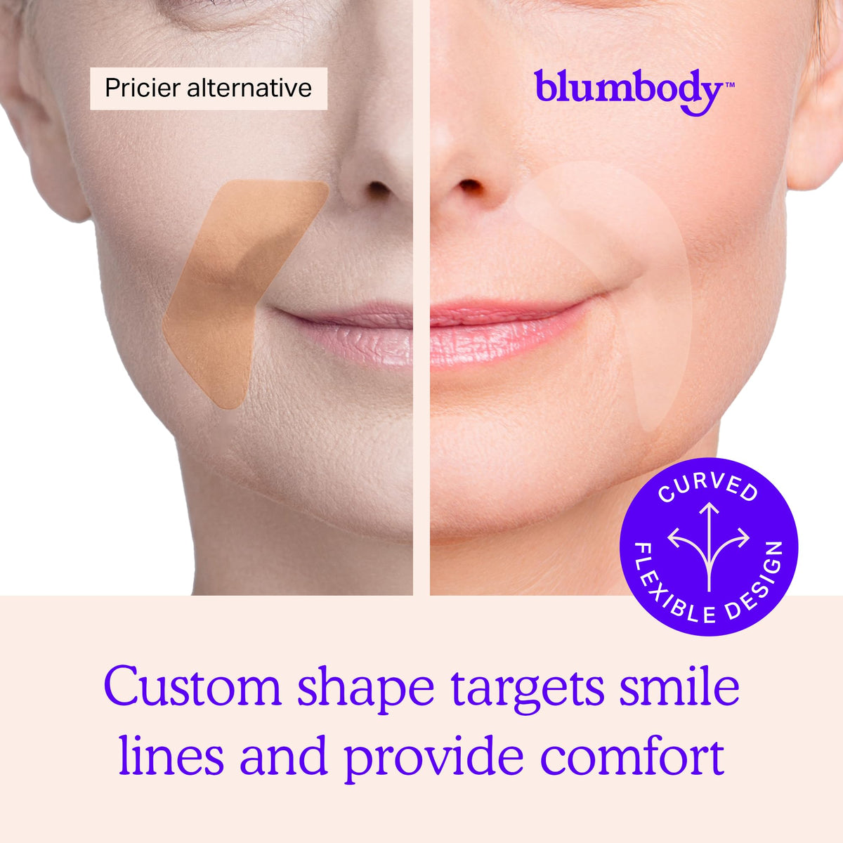 BLUMBODY patch placed between eyes showing crease-reducing effect