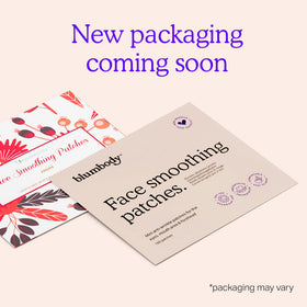 BLUMBODY patch next to hand showing compact size and travel-friendly benefit