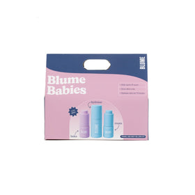 Blume travel set front packaging showing all three mini products and portability