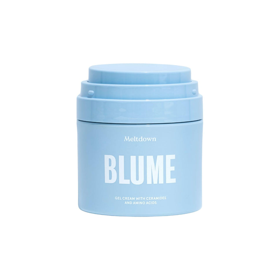 Blume front packaging showing the Meltdown Gel moisturizer and benefits
