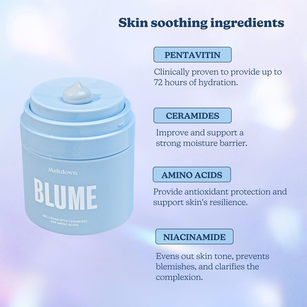 Blume ingredient label showing niacinamide, centella, ceramides benefits