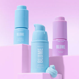 Blume mini products arranged on an open travel bag for easy on-the-go routine