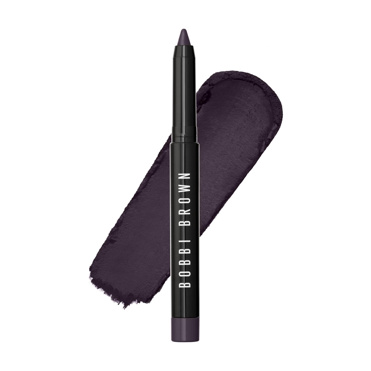 Bobbi Brown front packaging showing aubergine shade and compact design benefit: travel-ready