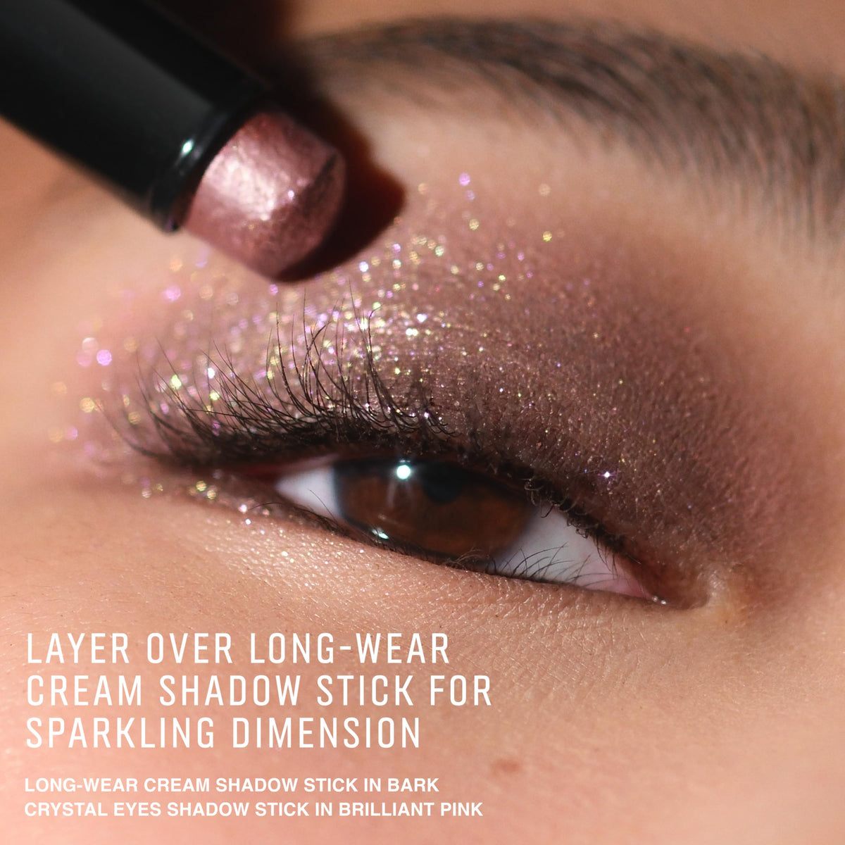 Bobbi Brown shadow stick applied on lid demonstrating instant pearlescent sparkle