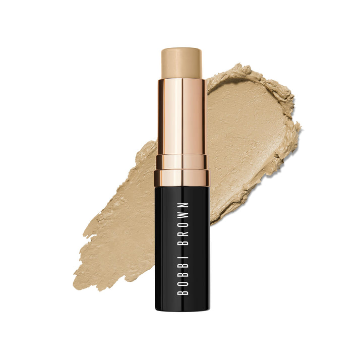 Bobbi Brown Skin Foundation Stick front packaging shows shade Warm Ivory W-026, portable coverage benefit