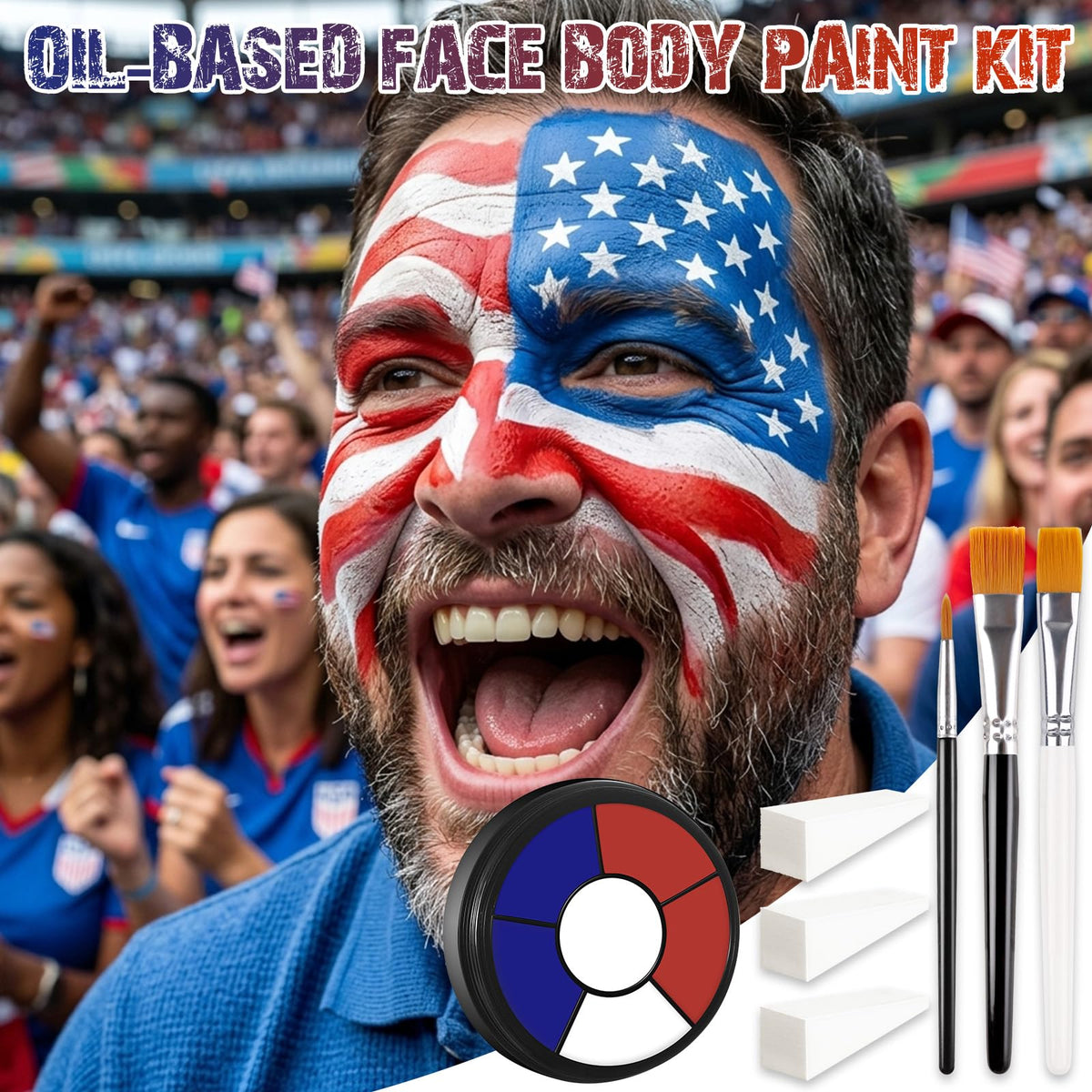 BOBISUKA painted USA flag face in use showcasing bold patriotic color payoff