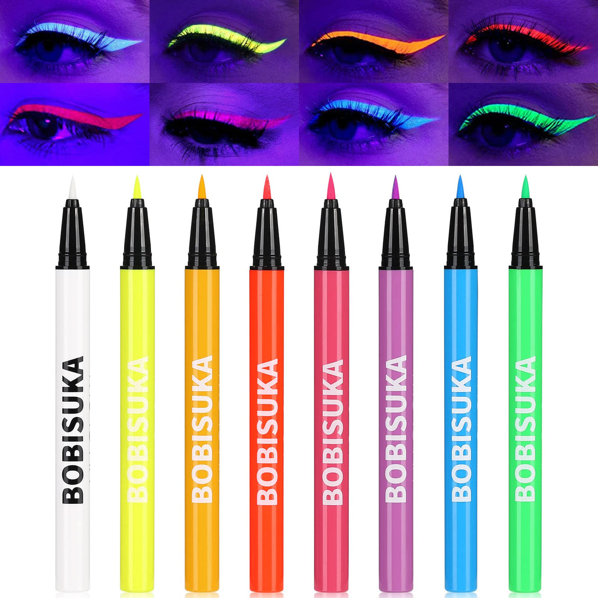 BOBISUKA front packaging showing eight neon eyeliner pens and branding benefit clear contents
