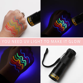 BOBISUKA uv glow demo under blacklight showing bright neon reaction for rave-ready looks