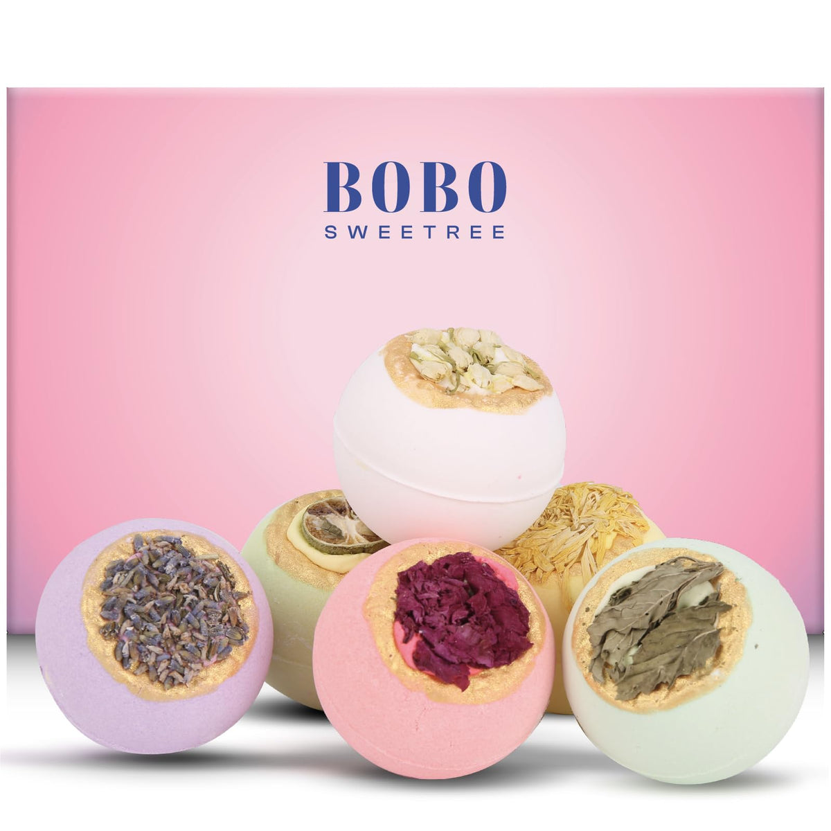 BoboSweeTree boxed gift packaging showing six elegant bath bombs and pink box for gifting